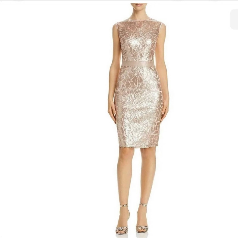 TADASHI SHOJI Illusion Geometric Sequin Sleeveless Dress Beige Size PXL NEW w/T